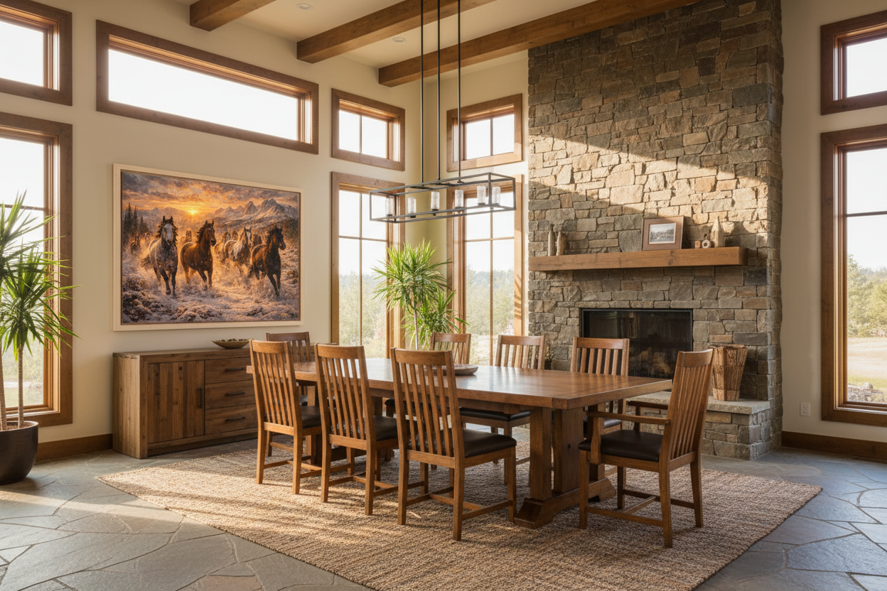 Painting of runningwild horses, Mustangs in snow, in a dining room with wooden table and chairs, stone fireplace, and large windows.
