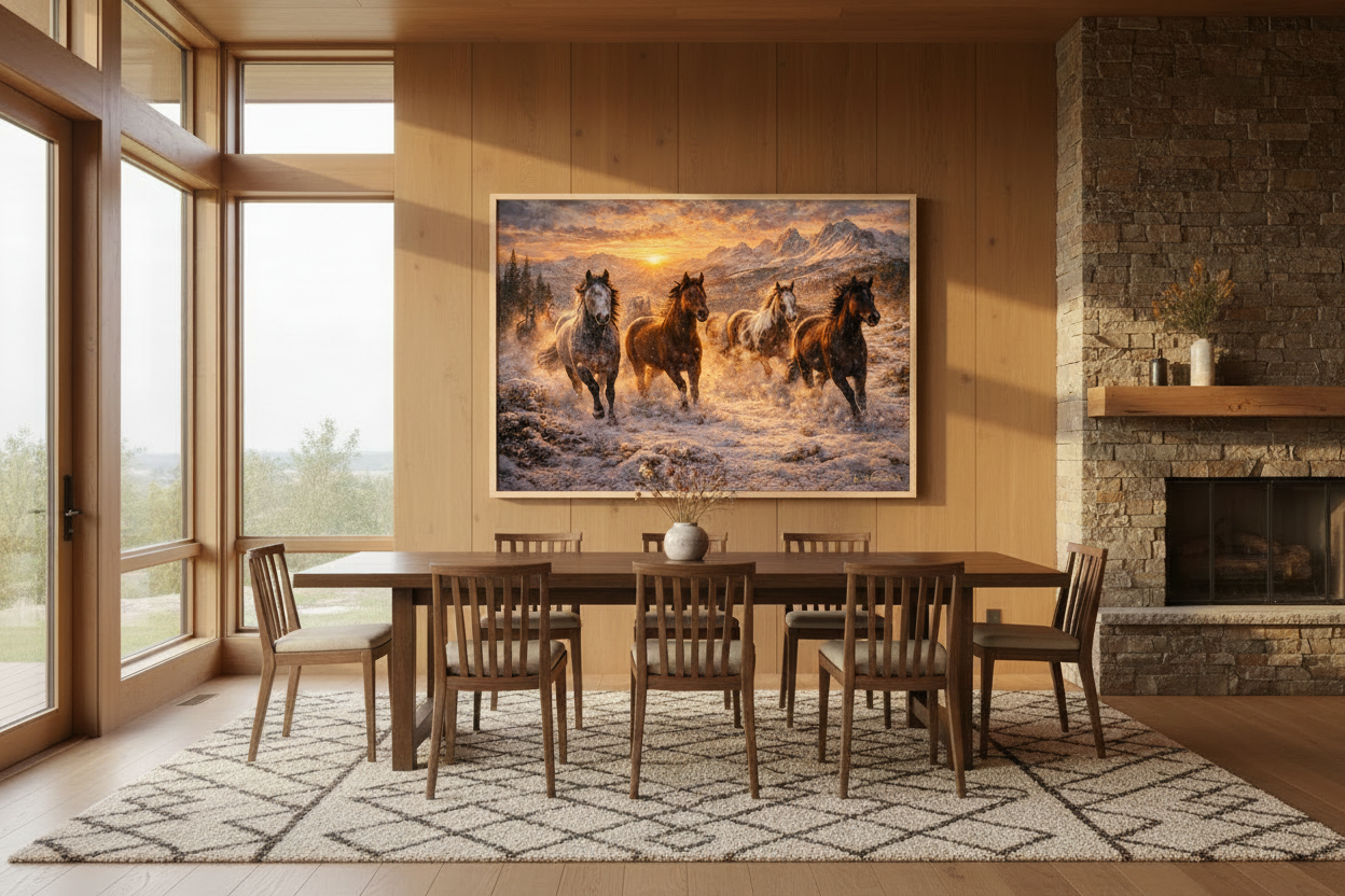 Dining room with wooden furniture and a large painting of wild Mustang horses on the wall.