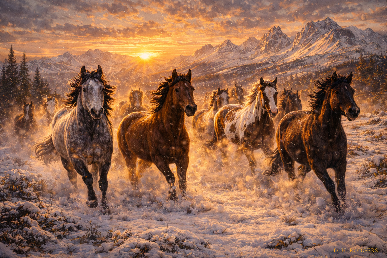 Painting of wiild Mustang horses running in a snowy landscape with mountains and a sunset.