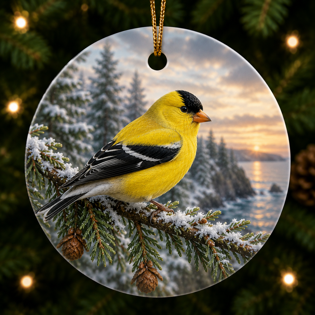 Painting of an American Goldfinch in winter on a Ceramic Ornament