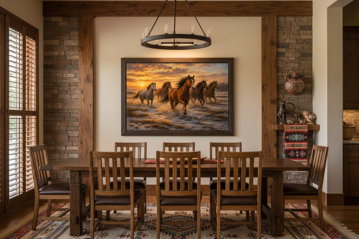 Dining room with wooden table and chairs, and framed painting of wild mustang horses running in a snowy field.