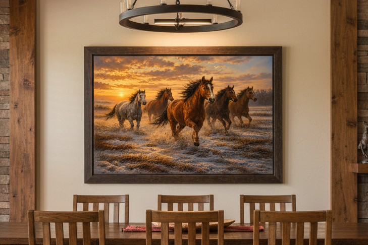 Framed painting of wild mustang horses running in a winter field with a sunset, hanging above a wooden dining table.