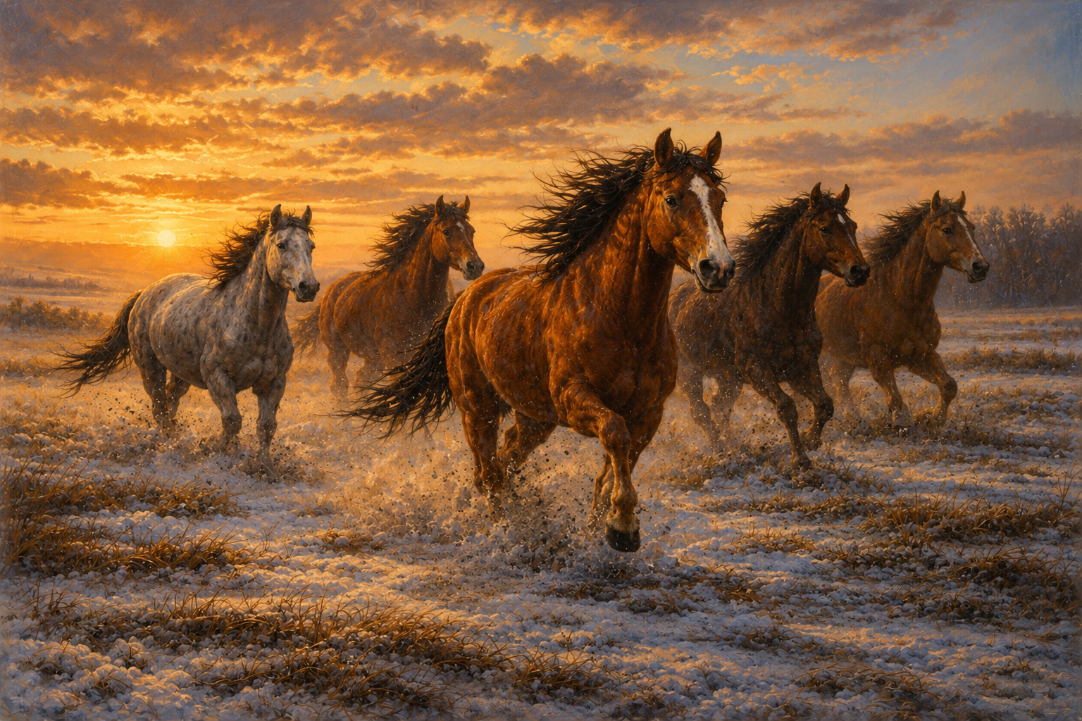 Painting of wild mustang horses running througha sowy field at sunset with a dramatic sky.