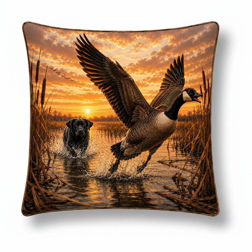 Decorative throw pillow with a Canada Goose chased by a Black Labrador Retriever scene at sunset.