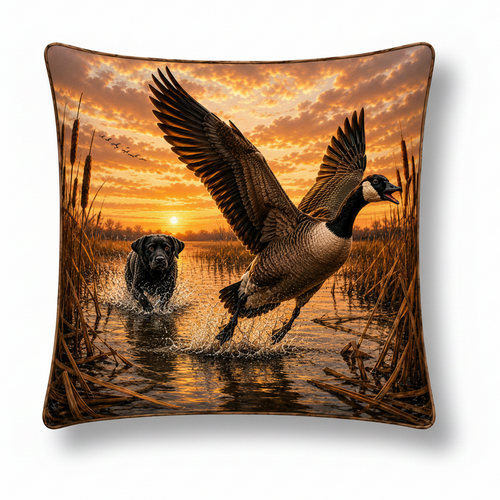 Decorative throw pillow with a Canada Goose chased by a Black Labrador Retriever scene at sunset.