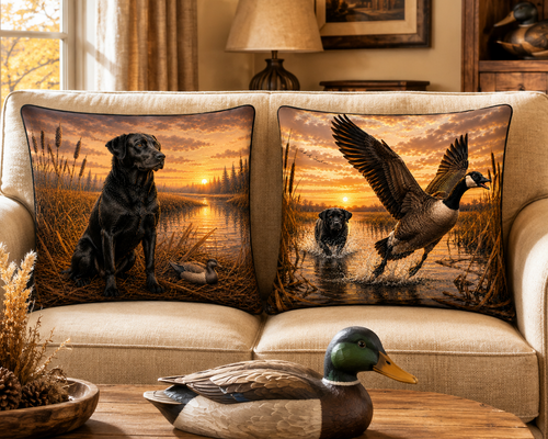 Beige sofa with hunting-themed throw pillows featuring a Black labrador Retriever and a Canada Goose, with a wooden table and decorative items in the foreground.