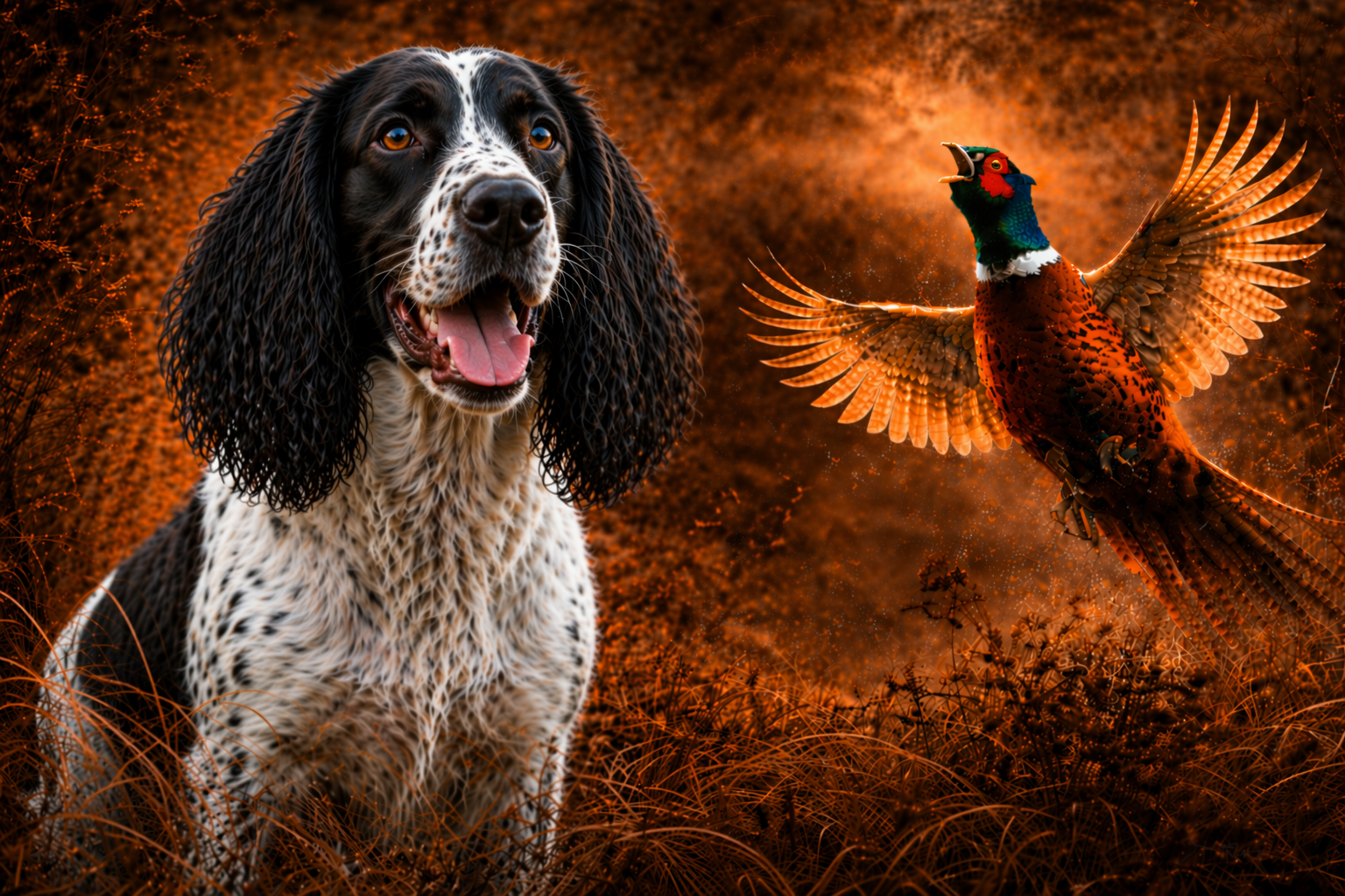 Black & White Springer & Pheasant - Print on Canvas