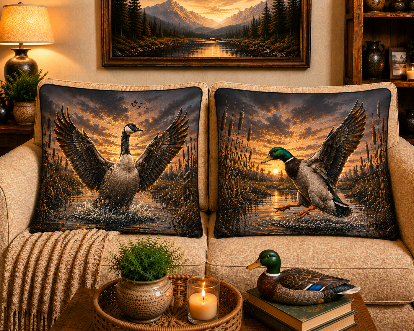 Decorative throw pillows with a Canada goose and Mallard duck designs on a couch, with a candle and books on a table.