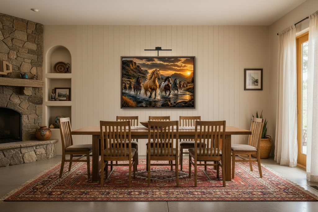 Dining room with wooden table and chairs, stone fireplace, and paintingof wild mustang horses on wall.