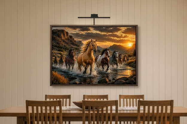 Framed artwork of wild mustang horses running through a stream on a wall above a dining table with chairs.