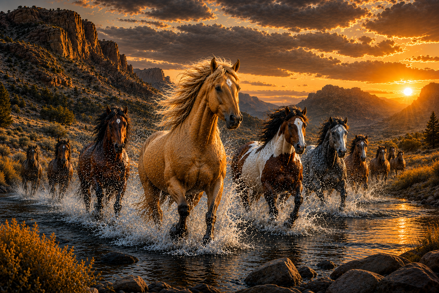 Wild Mustang Horses running through a river with a sunset in the background