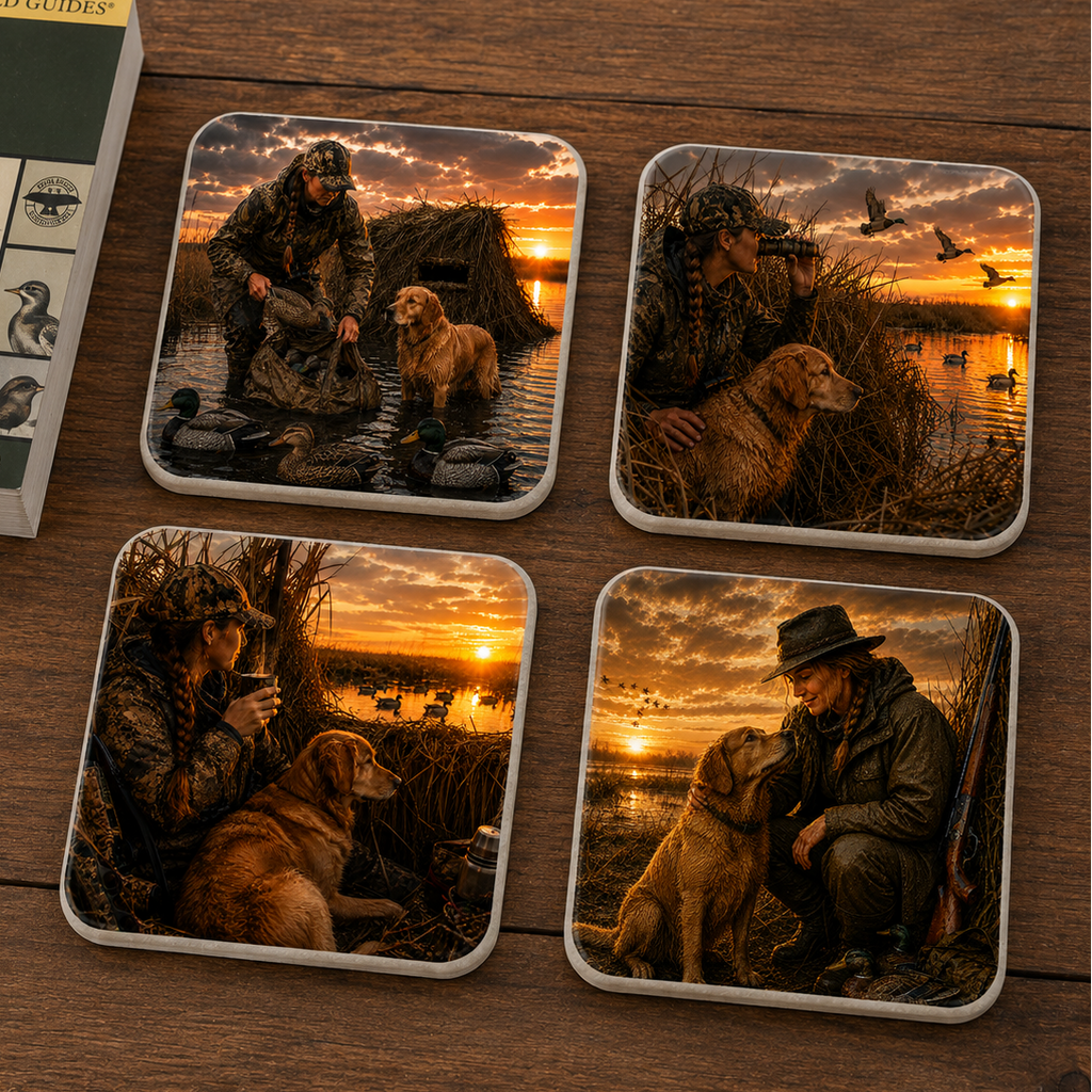 Four square ceramic coasters with rounded corners featuring duck hunting and dog scenes at sunset, arranged on a wooden surface next to a Peterson Field Guides Western Birds book.
