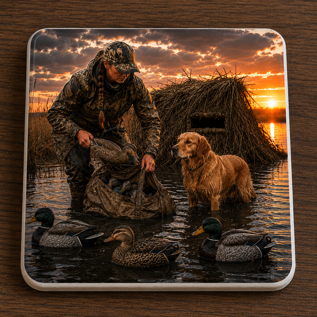 A square ceramic coaster with rounded corners featuring a printed duck hunting scene, displayed on a dark wood surface. The print shows a hunter in camouflage standing in shallow water next to a golden retriever dog and three mallard decoys at sunset, with a duck blind in the background.