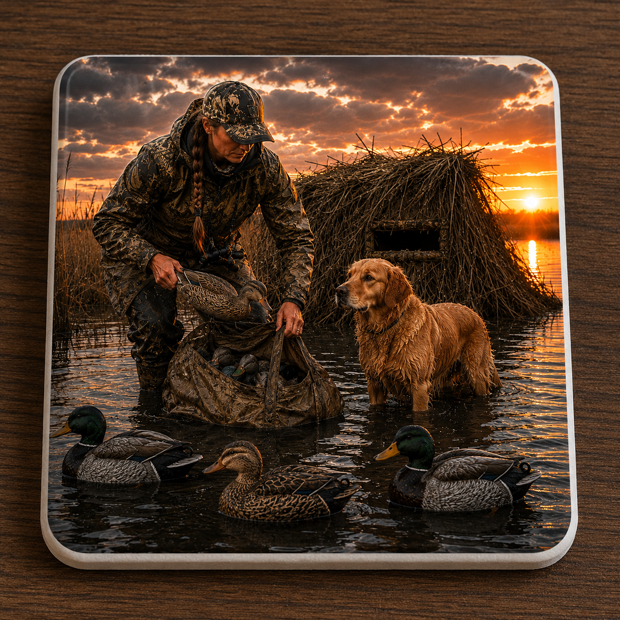 A square ceramic coaster with rounded corners featuring a printed duck hunting scene, displayed on a dark wood surface. The print shows a hunter in camouflage standing in shallow water next to a golden retriever dog and three mallard decoys at sunset, with a duck blind in the background.