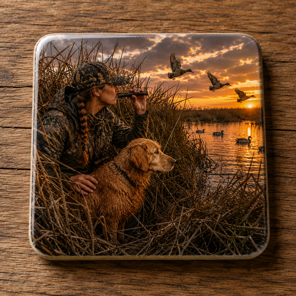 A square ceramic coaster with rounded corners featuring a print of a woman in camouflage hunting attire by a lake at sunset, with a golden retriever dog beside her and ducks flying over the water. The coaster is placed on a rustic wooden surface.
