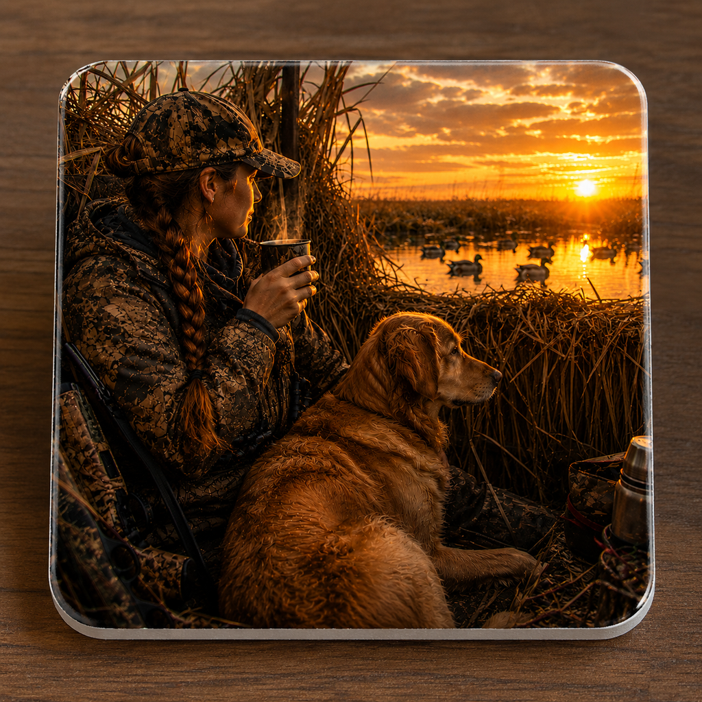 A square ceramic coaster with rounded corners, featuring a printed scene of a woman duck hunter in camouflage sitting beside a golden retriever at a marsh during sunset, with ducks in the water. The coaster is photographed on a dark wood surface.