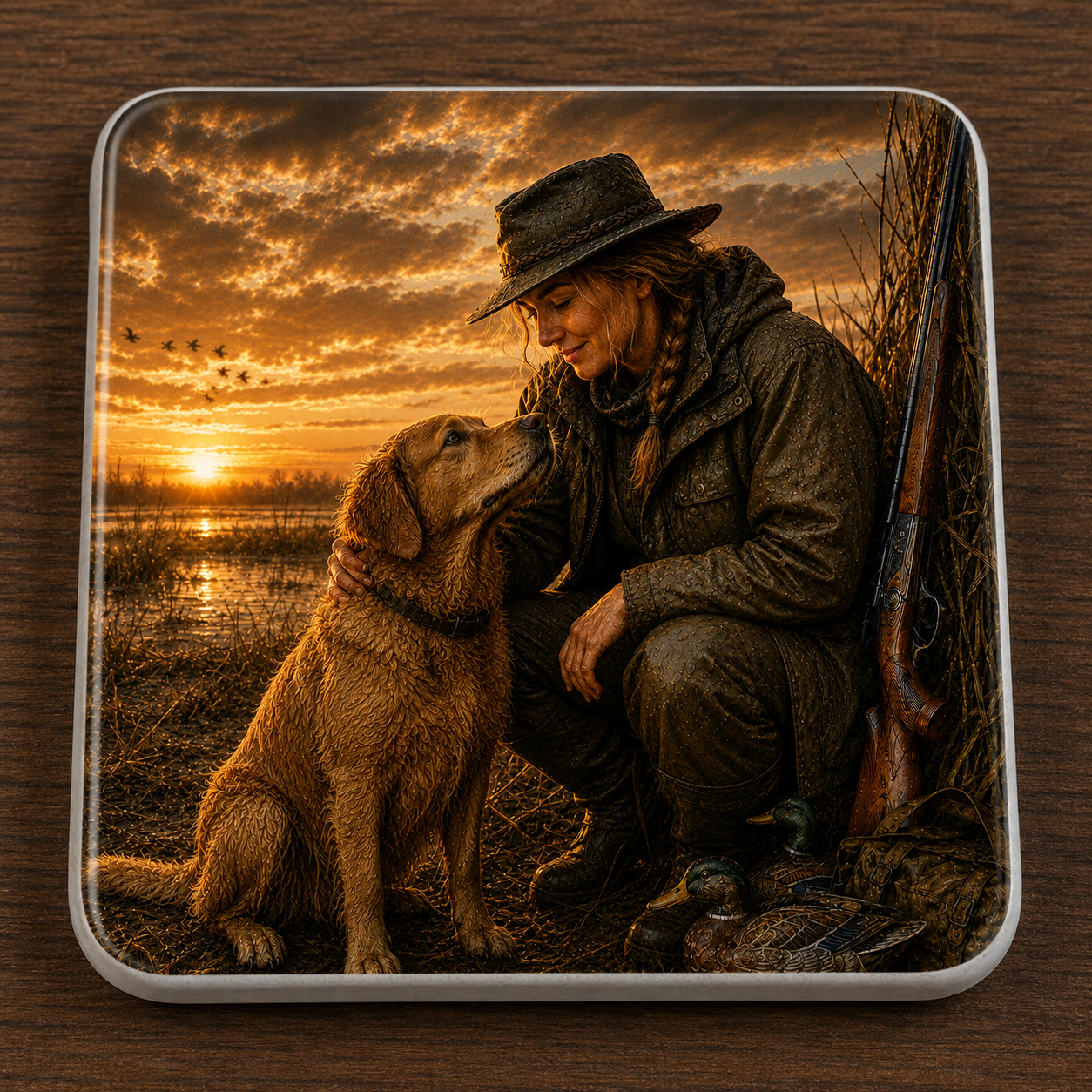 A square ceramic coaster with rounded corners featuring a printed duck hunting scene of a woman crouching beside a golden retriever dog at sunset, with a rifle leaning behind her. The coaster is placed on a dark wood surface.