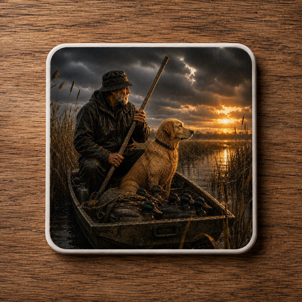 A square ceramic coaster with rounded corners featuring a print of a man and a golden retriever amongst mallard duck decoys in a small boat on a lake at sunset, displayed on a brown wood-grain surface.