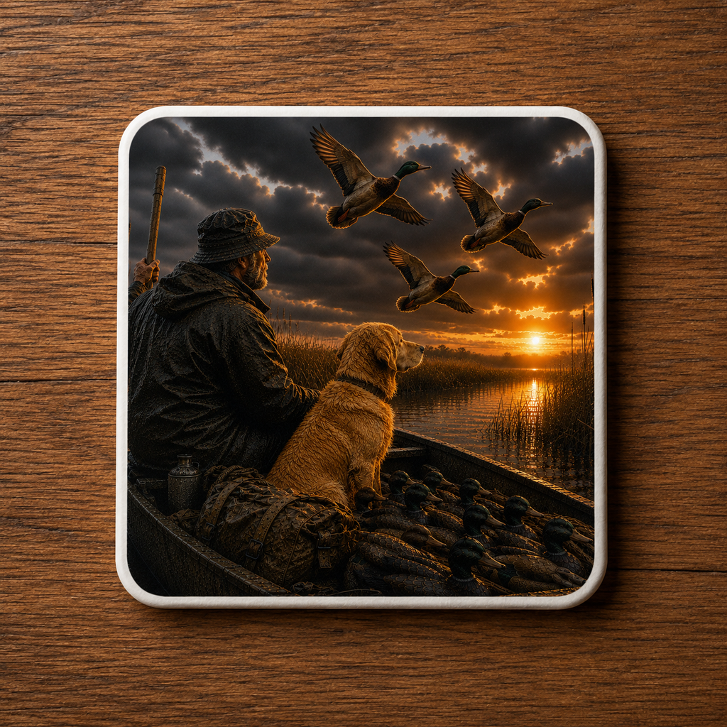 A square ceramic coaster with rounded corners featuring a printed hunting scene of a duck hunter and dog in a boat with flying ducks at sunset, displayed on a wooden surface.