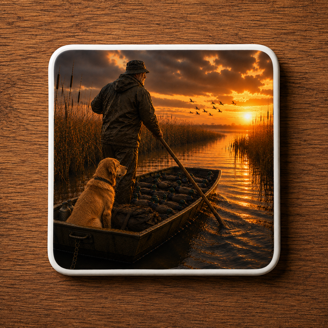 A square ceramic coaster with rounded corners featuring a print of a duck hunter in a small boat with a dog at sunset, displayed on a brown wood-grain surface.