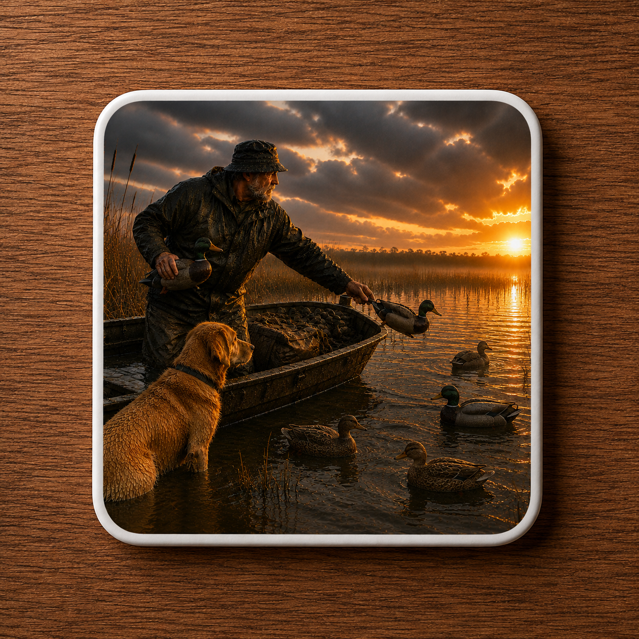 A square ceramic coaster with rounded corners featuring a print of a man and a golden retriever placing mallard duck decoys, in a small boat on a lake at sunset, displayed on a brown wood-grain surface.