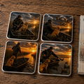 Four square ceramic coasters featuring a duck hunting sunset scene with a man in a boat and a golden retriever, arranged on a wooden surface next to a book titled 'Duck Hunting: Reflections on Wingshooting'.