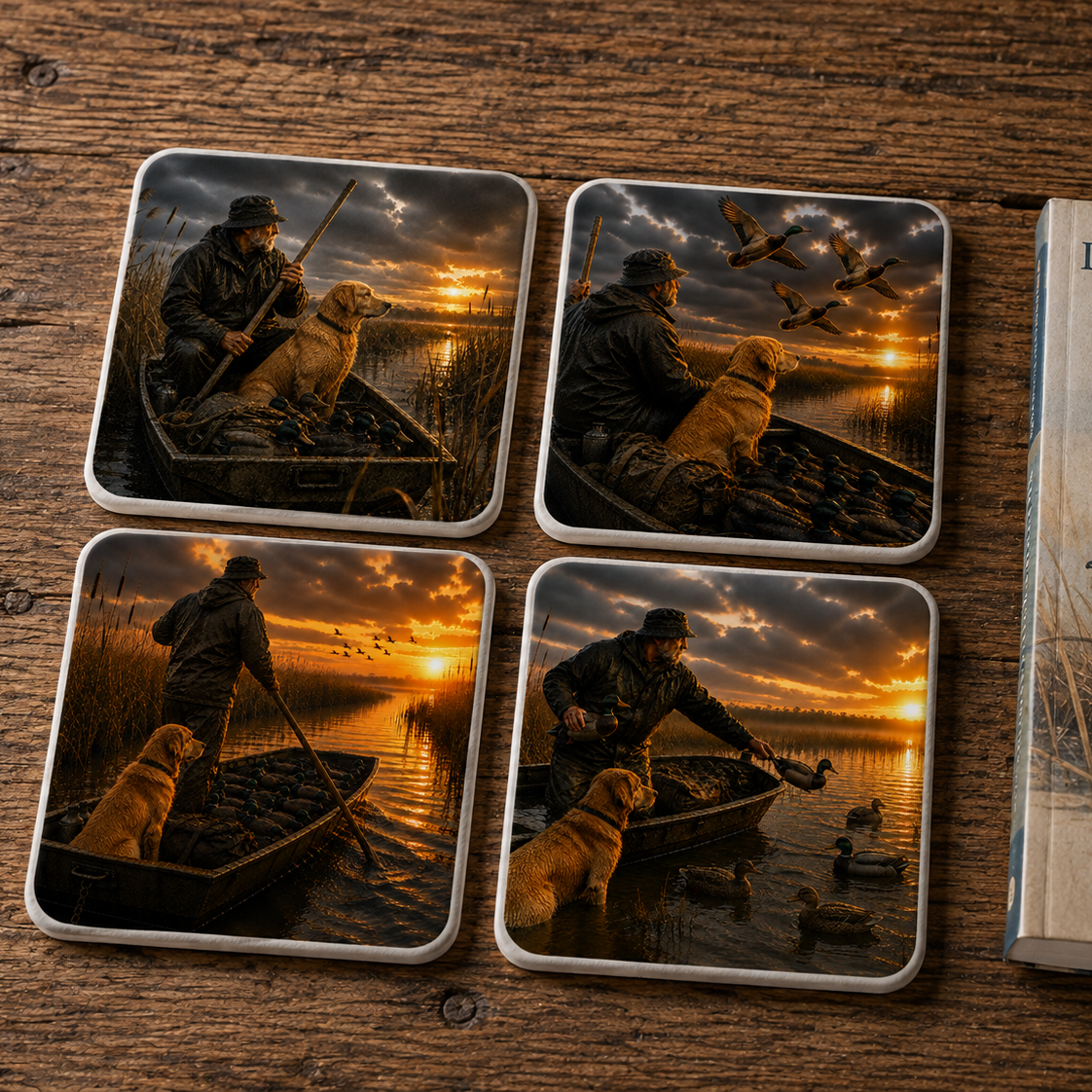 Four square ceramic coasters featuring a duck hunting sunset scene with a man in a boat and a golden retriever, arranged on a wooden surface next to a book titled 'Duck Hunting: Reflections on Wingshooting'.