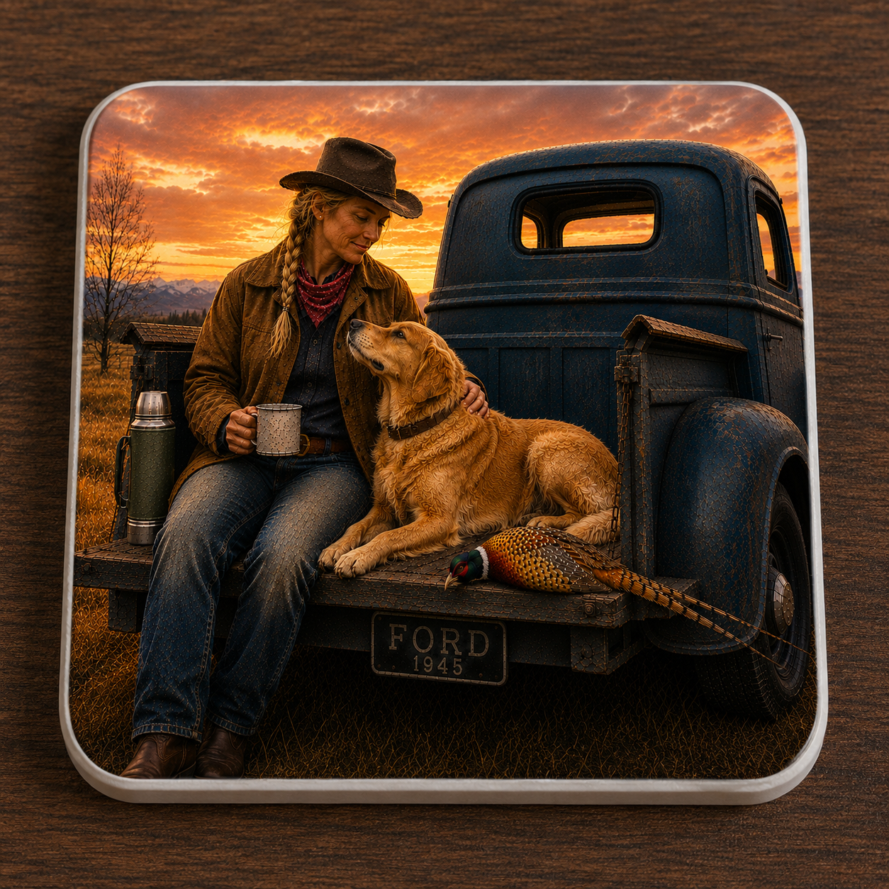Ceramic Coasters - Golden Retriever w/ Hunter, Set of 4