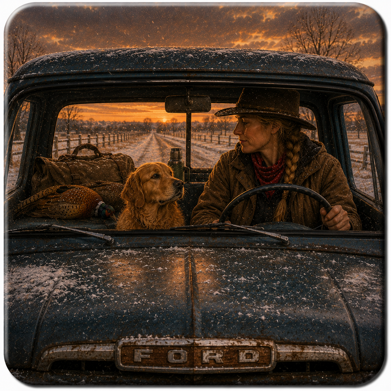 A square art print on coaster featuring a rustic scene of a woman in a cowboy hat driving an old Ford truck with a golden retriever dog inside, set against a snowy field at sunset.