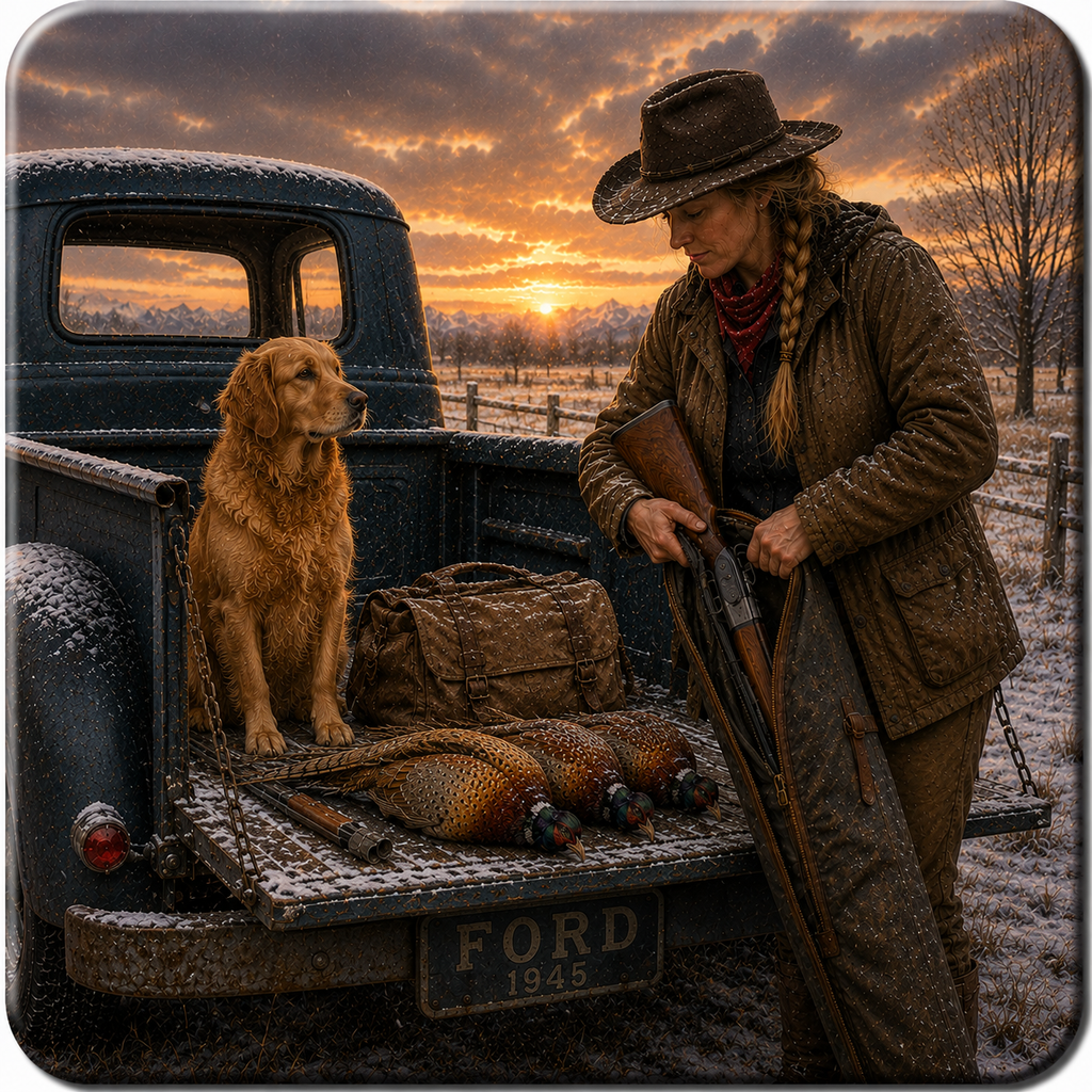 A woman in a brown hat and hunting jacket stands beside a vintage Ford truck at sunset, holding a shotgun while a golden retriever sits in the truck bed with  game birds (Pheasants) and a bag.