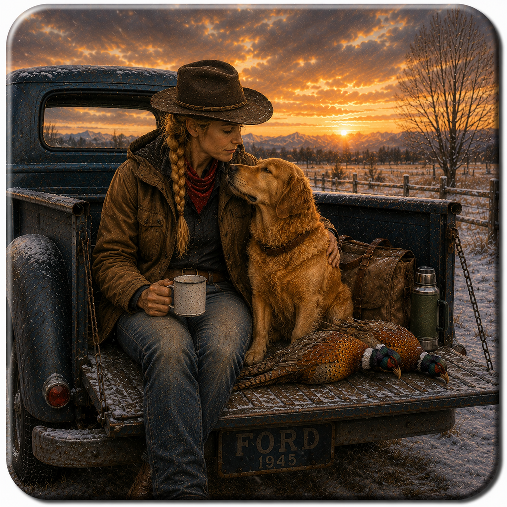 A rustic lifestyle scene showing a woman in a brown hat and jacket sitting in the bed of a vintage Ford pickup truck, with a golden retriever dog. The setting is a snowy field at sunset with mountains in the background, and pheasants are lying on the tailgate.