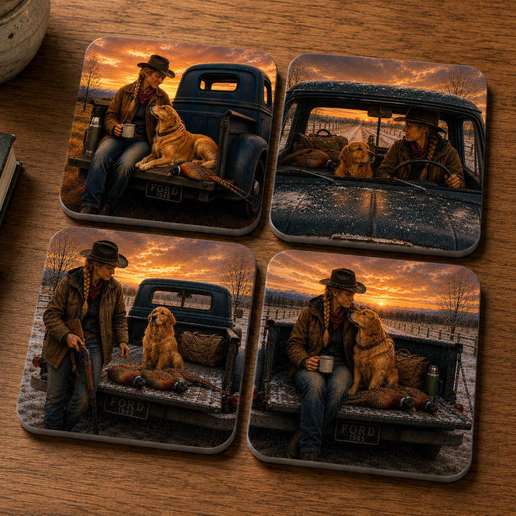 Set of four square ceramic coasters on a wooden tabletop, each printed with a rustic scene of a woman cowboy in a truck with her golden retriever.
