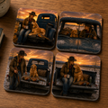 Set of four square ceramic coasters on a wooden tabletop, each printed with a rustic scene of a woman cowboy in a truck with her golden retriever.