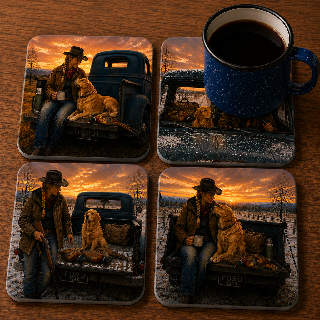 Ceramic Coasters - Golden Retriever w/ Hunter, Set of 4