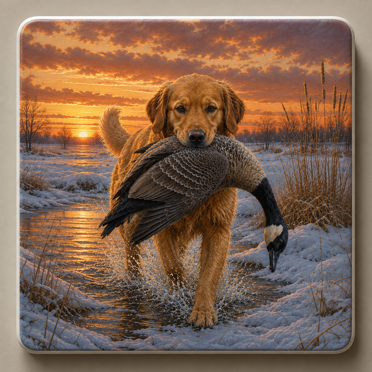 A square ceramic coaster featuring a printed winter landscape scene of a golden retriever dog carrying a Canada goose in its mouth while walking through shallow water at sunset.