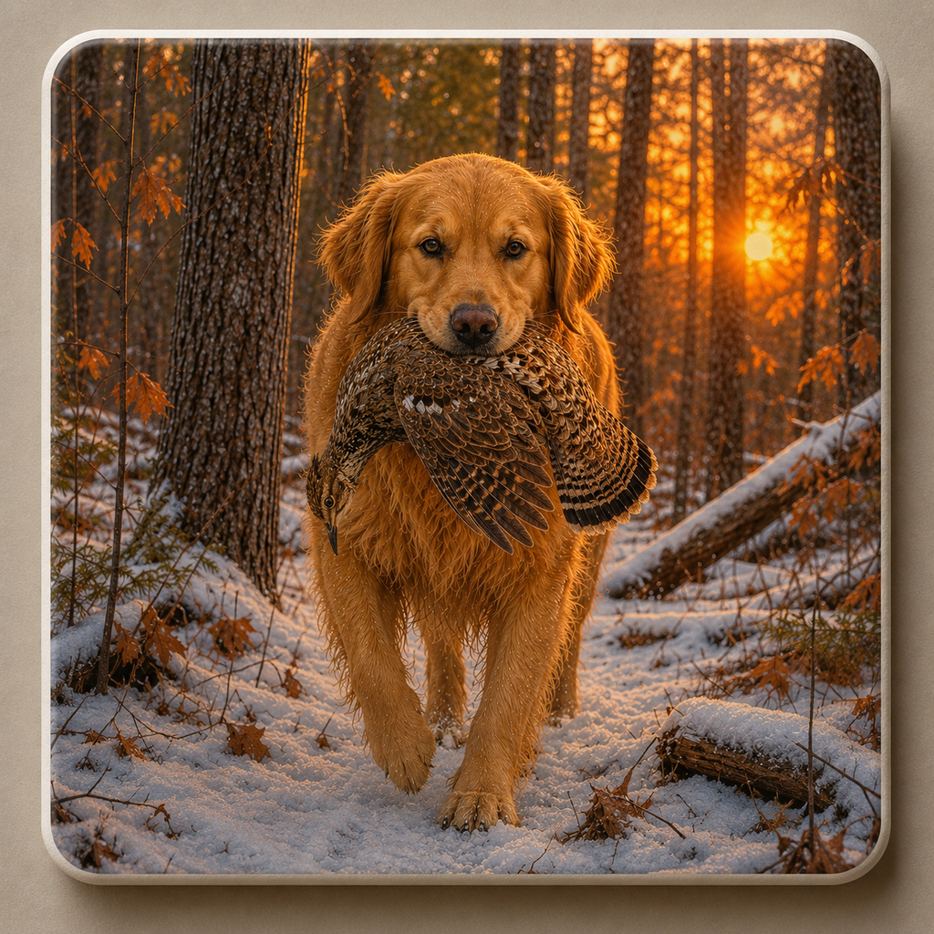 A square ceramic coaster featuring a print of a golden retriever dog standing in a snowy forest at sunset and holding a grouse game bird in its mouth.
