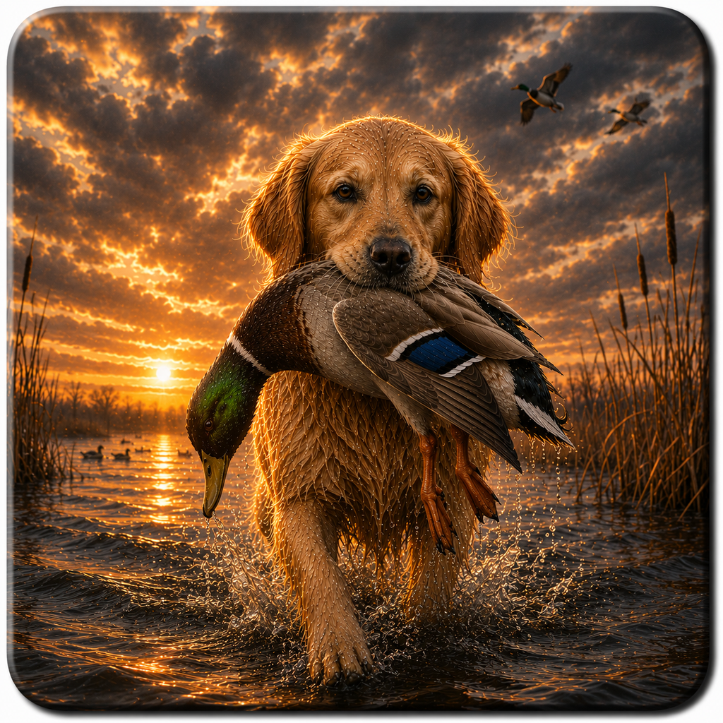 A ceramic coaster featuring a golden retriever standing in shallow water at sunset, holding a mallard duck in its mouth. Tall reeds line the marsh, and two birds fly in the cloudy sky above.