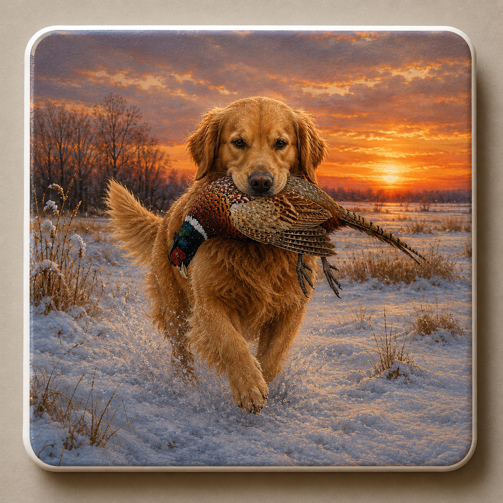 A square ceramic coaster featuring a print of a golden retriever running through snow and holding a ring-necked pheasant during an orange sunset.