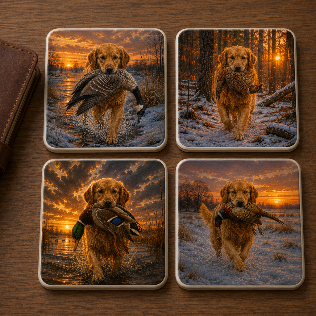 Set of 4 ceramic coasters featuring Golden retrievers holding game birds and waterfowl in their mouths