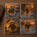 Set of 4 ceramic coasters featuring Golden retrievers holding game birds and waterfowl in their mouths