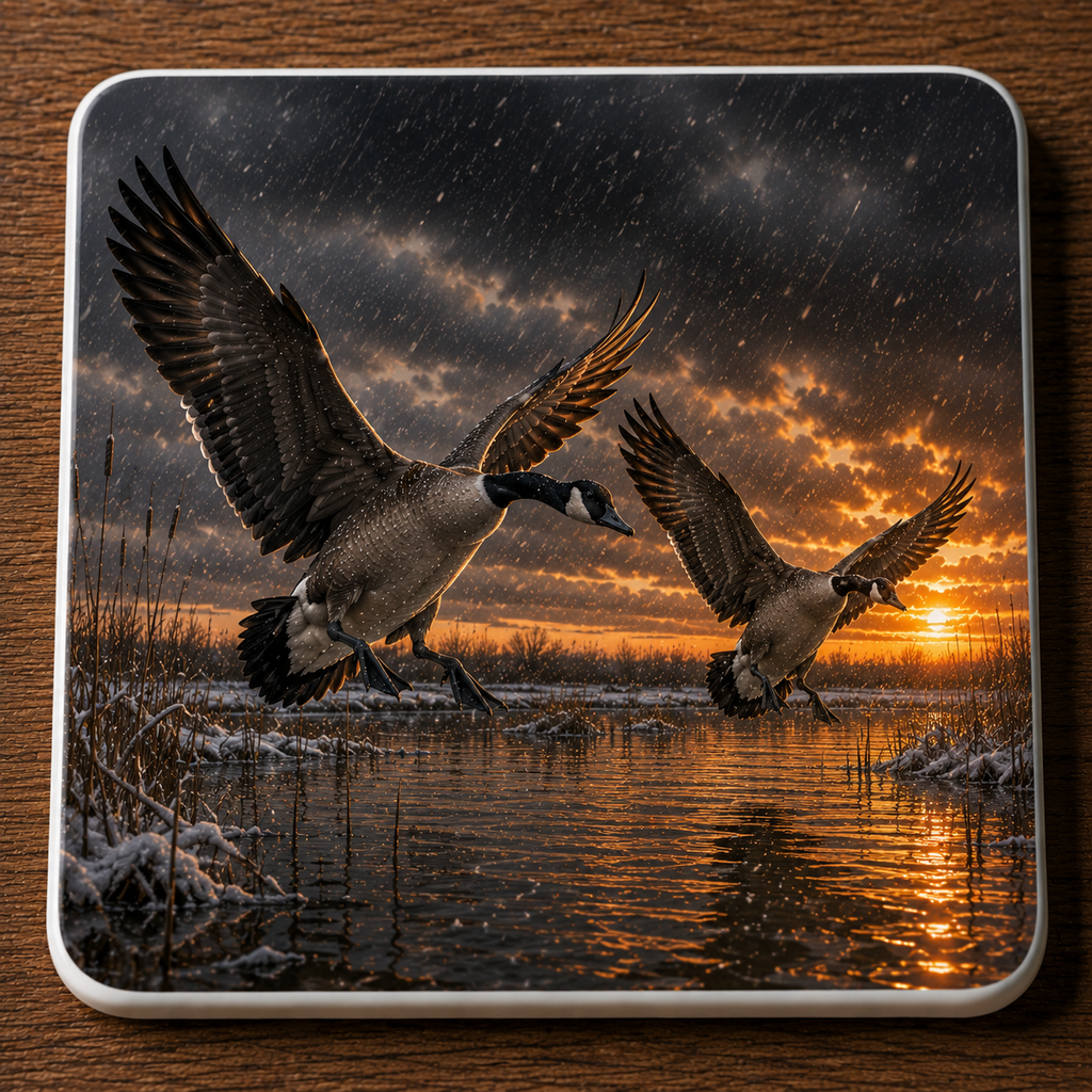 A square ceramic coaster with rounded corners featuring a print of two Canda geese flying over a snowy marsh at sunset, placed on a wooden surface.