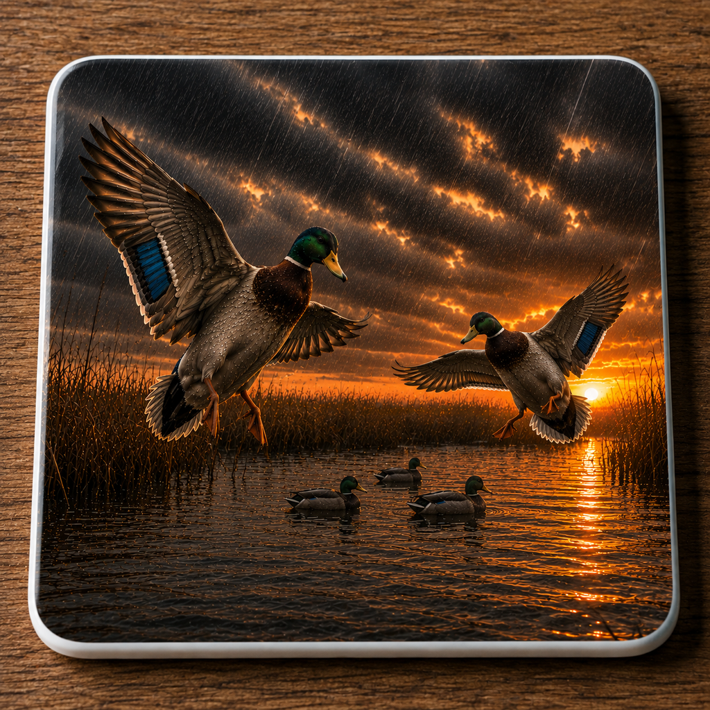 A square ceramic coaster with rounded corners featuring a print of Mallard Ducks landing in a wet marsh at sunset, placed on a wooden surface.