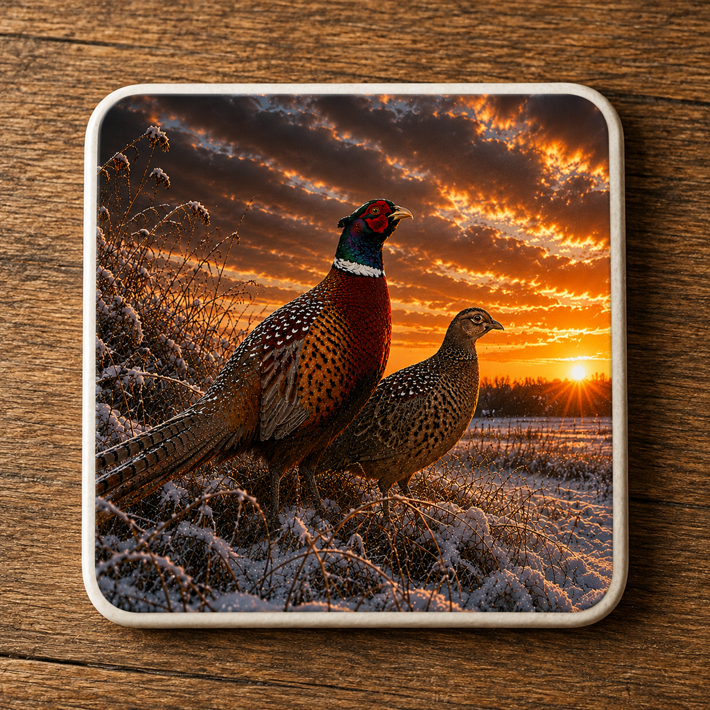 A square ceramic coaster featuring a  print of two pheasants standing in frosty grass at sunset, placed on a wooden surface.