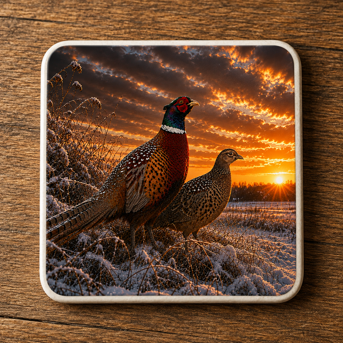 A square ceramic coaster featuring a  print of two pheasants standing in frosty grass at sunset, placed on a wooden surface.
