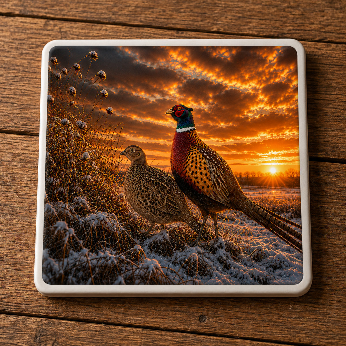 A square ceramic coaster with rounded corners featuring a print of two pheasants in a frosty field at sunset, displayed on a rustic wooden surface.