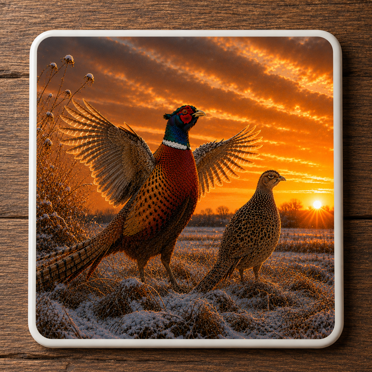 A square ceramic coaster with rounded corners featuring a print of two pheasants at sunset, displayed on a dark wood background.