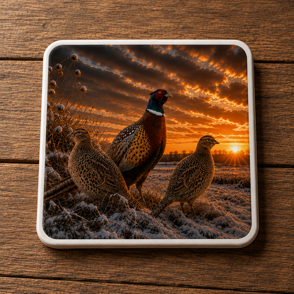 A square ceramic coaster with rounded corners featuring a print of three pheasants at sunset, placed on a rustic wooden surface.