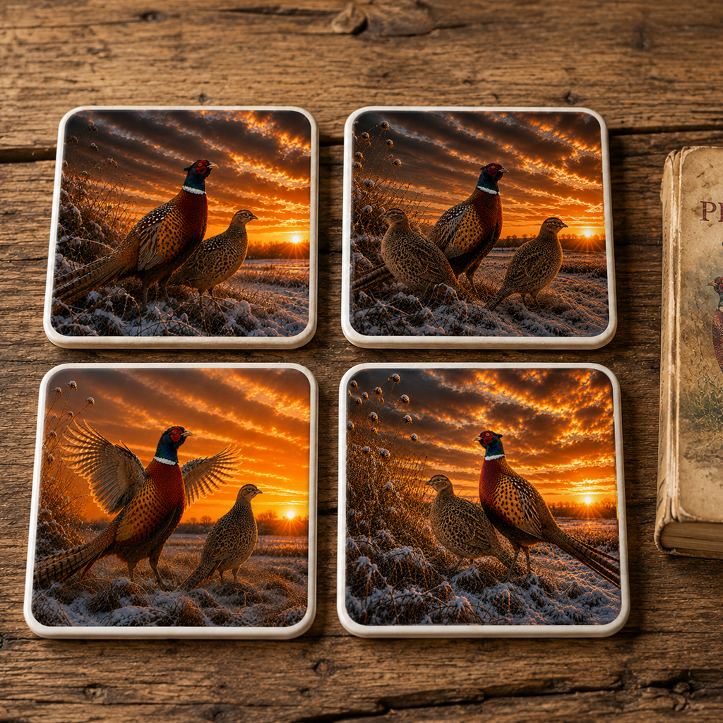 Four square ceramic coasters featuring a print of pheasants at sunset, arranged on a rustic wooden tabletop next to an antique book.