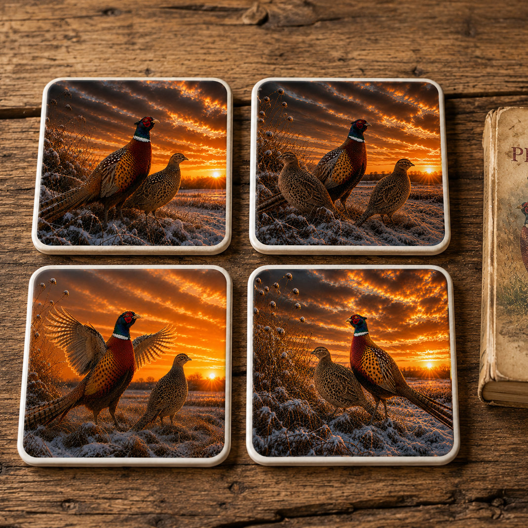 Four square ceramic coasters featuring a print of pheasants at sunset, arranged on a rustic wooden tabletop next to an antique book.