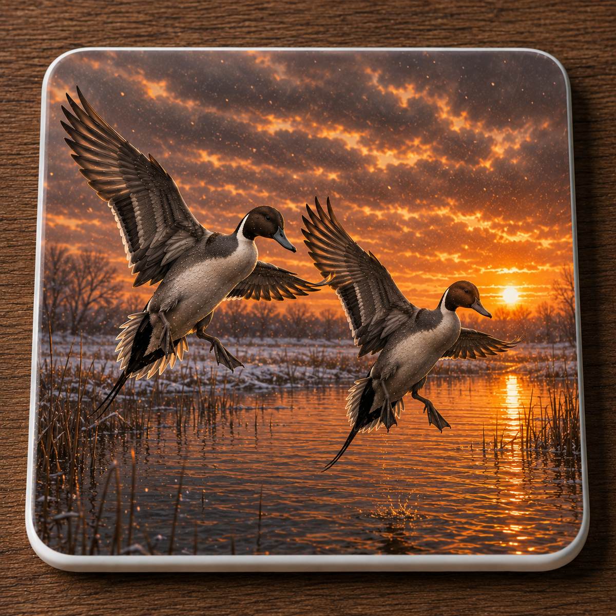 A square ceramic coaster with rounded corners featuring a printed sunset scene of two flying Pintail ducks landing in a marsh, placed on a dark wood surface.